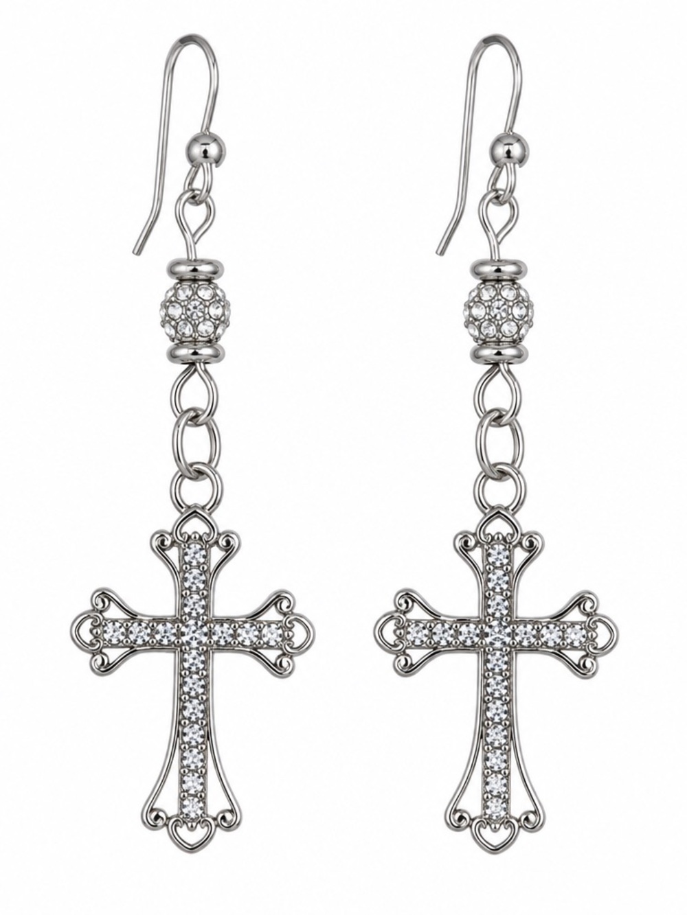 Sparkling Antique Silver Cross with Crystal and Rhinestone Accent Earrings
